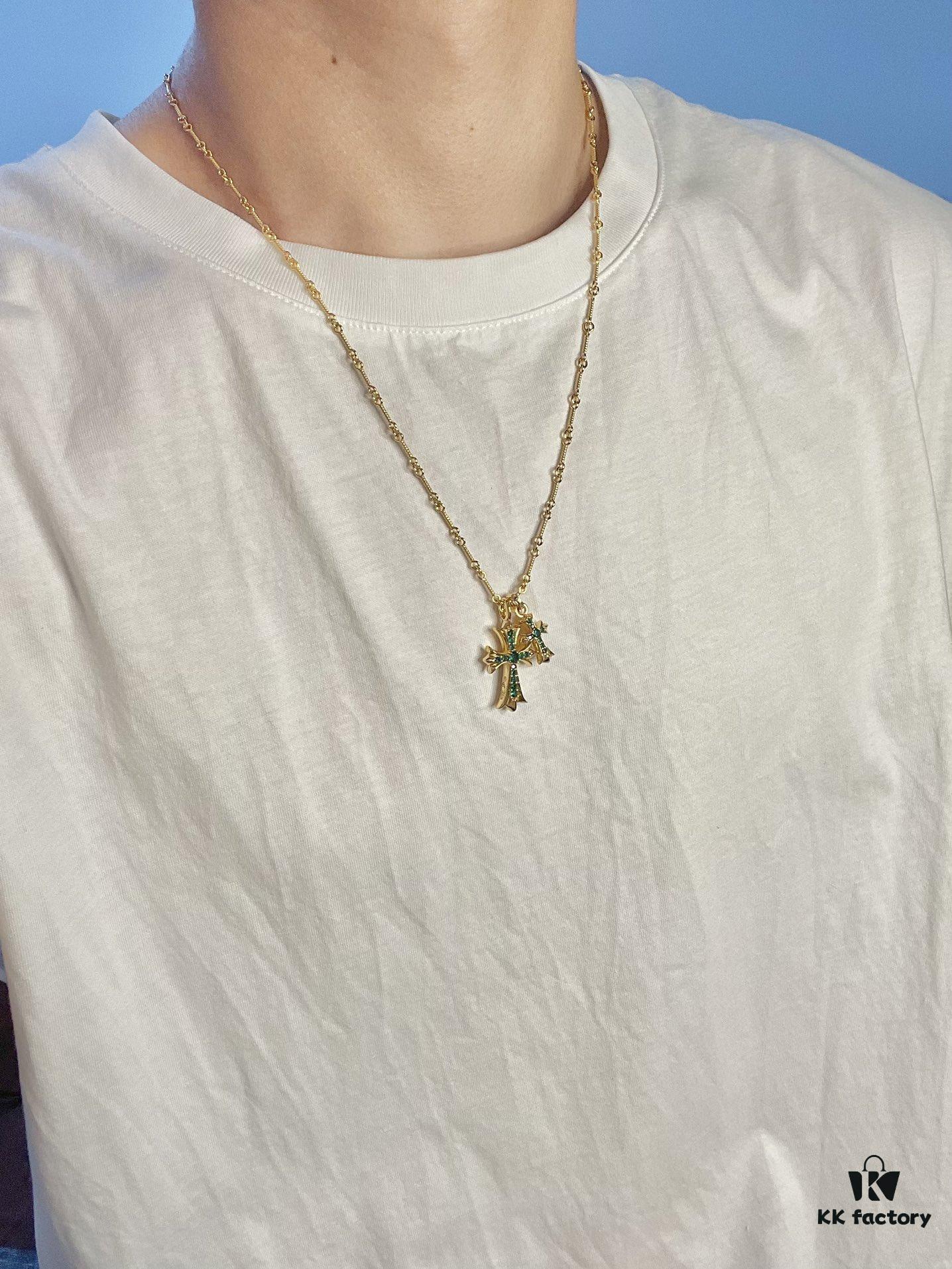 Chrome Hearts 22K Gold-Plated Green Diamond Double Cross Necklace