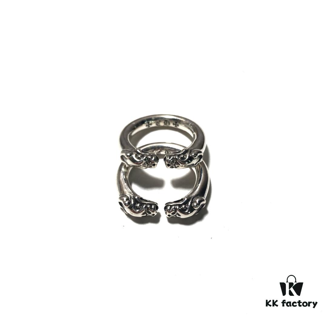 Chrome Hearts Double Dragon Dog Head Ring with Adjustable Open Design and Embossed Lettering Details