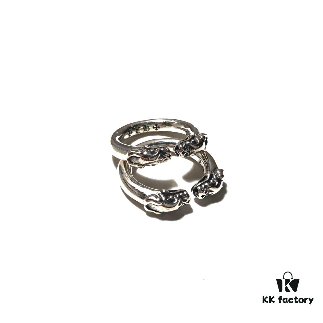 Chrome Hearts Double Dragon Dog Head Ring with Adjustable Open Design and Embossed Lettering Details