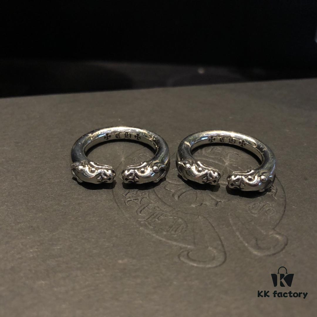 Chrome Hearts Double Dragon Dog Head Ring with Adjustable Open Design and Embossed Lettering Details