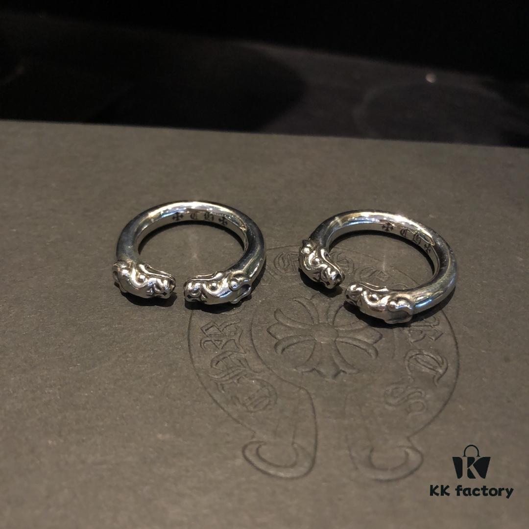 Chrome Hearts Double Dragon Dog Head Ring with Adjustable Open Design and Embossed Lettering Details