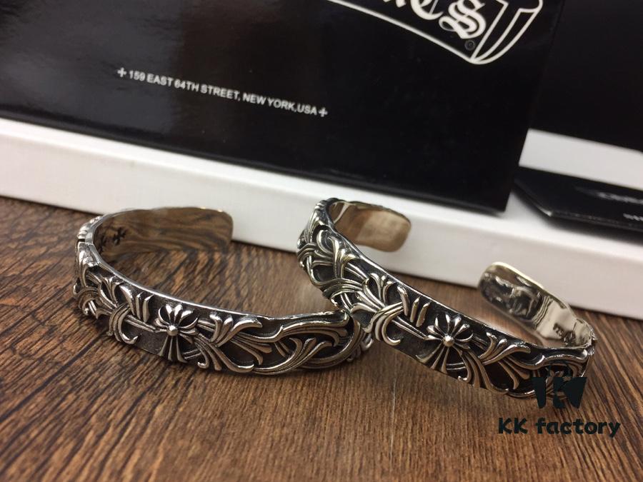 Chrome Hearts Wide Open Bangle Bracelet with Vintage Gothic Cross Design