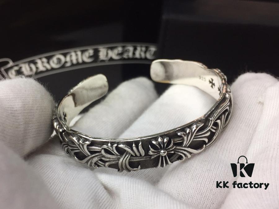 Chrome Hearts Wide Open Bangle Bracelet with Vintage Gothic Cross Design