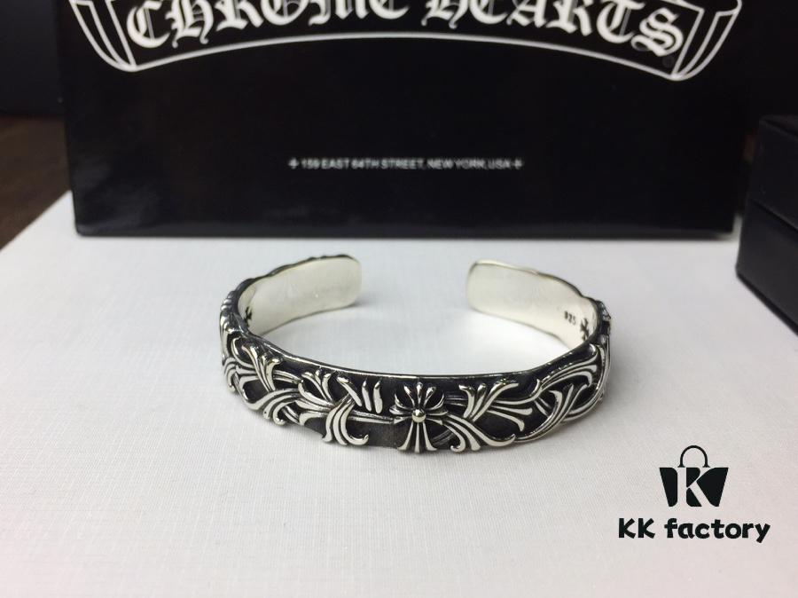Chrome Hearts Wide Open Bangle Bracelet with Vintage Gothic Cross Design