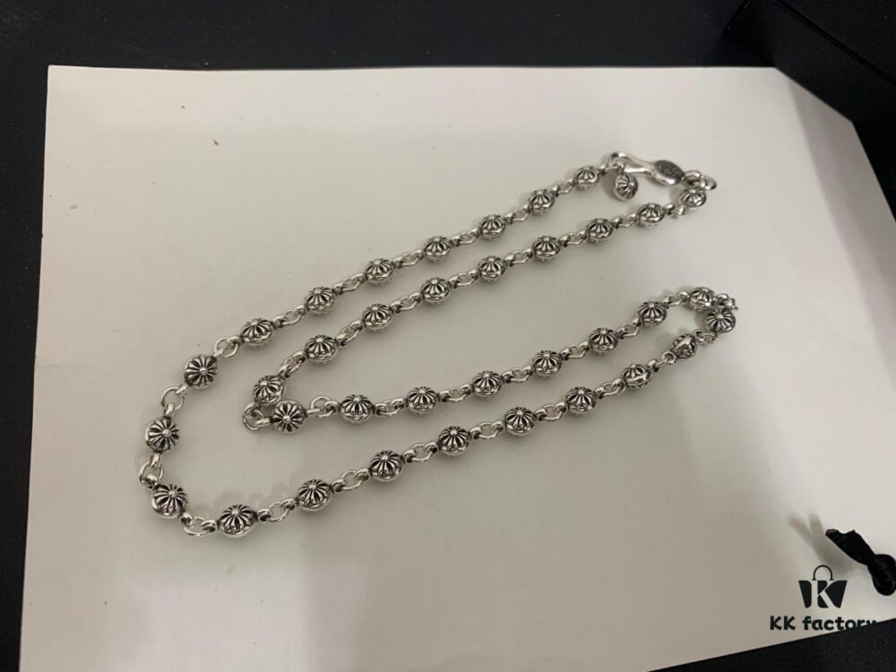 Chrome Hearts Classic Cross Flower Ball Necklace, Unisex European and American Style, Chain Width 7mm, Length 55-60cm
