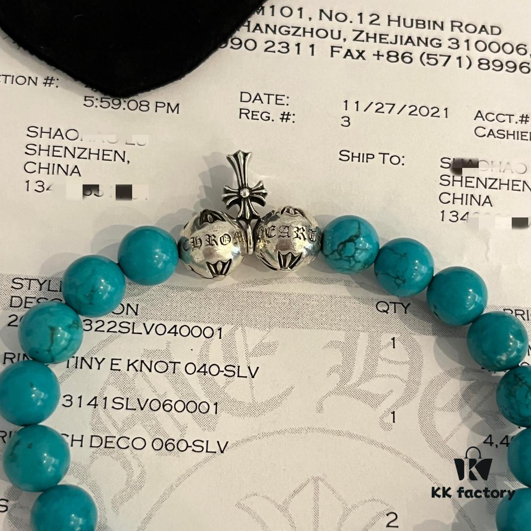 Chrome Hearts Turquoise and 925 Sterling Silver Bead Bracelet - Classic Unisex Design with Oxidized Finish
