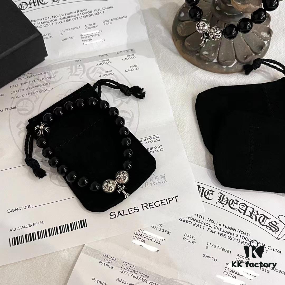 Chrome Hearts Obsidian and Sterling Silver Bead Bracelet with Four Cross Charms