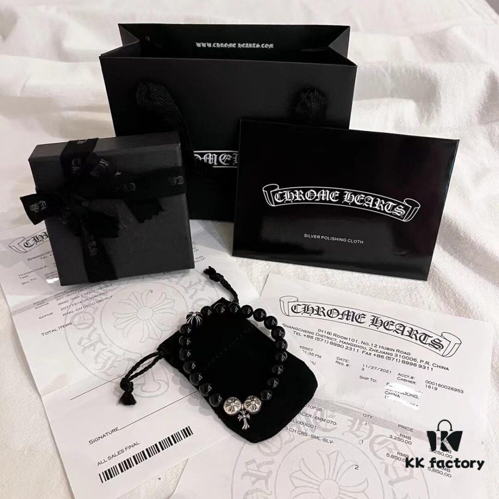 Chrome Hearts Obsidian and Sterling Silver Bead Bracelet with Four Cross Charms