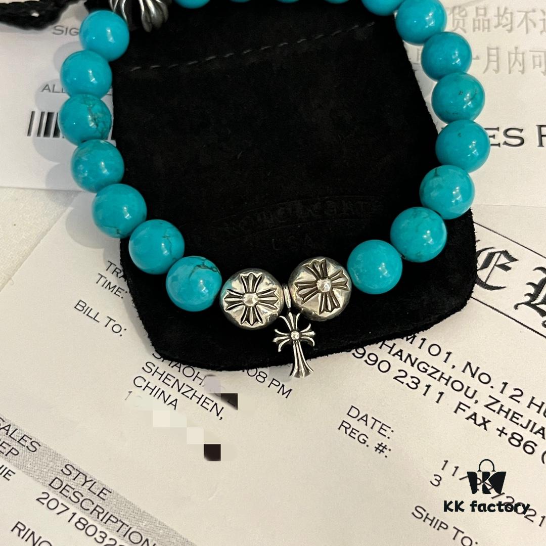 Chrome Hearts Turquoise and 925 Sterling Silver Bead Bracelet - Classic Unisex Design with Oxidized Finish
