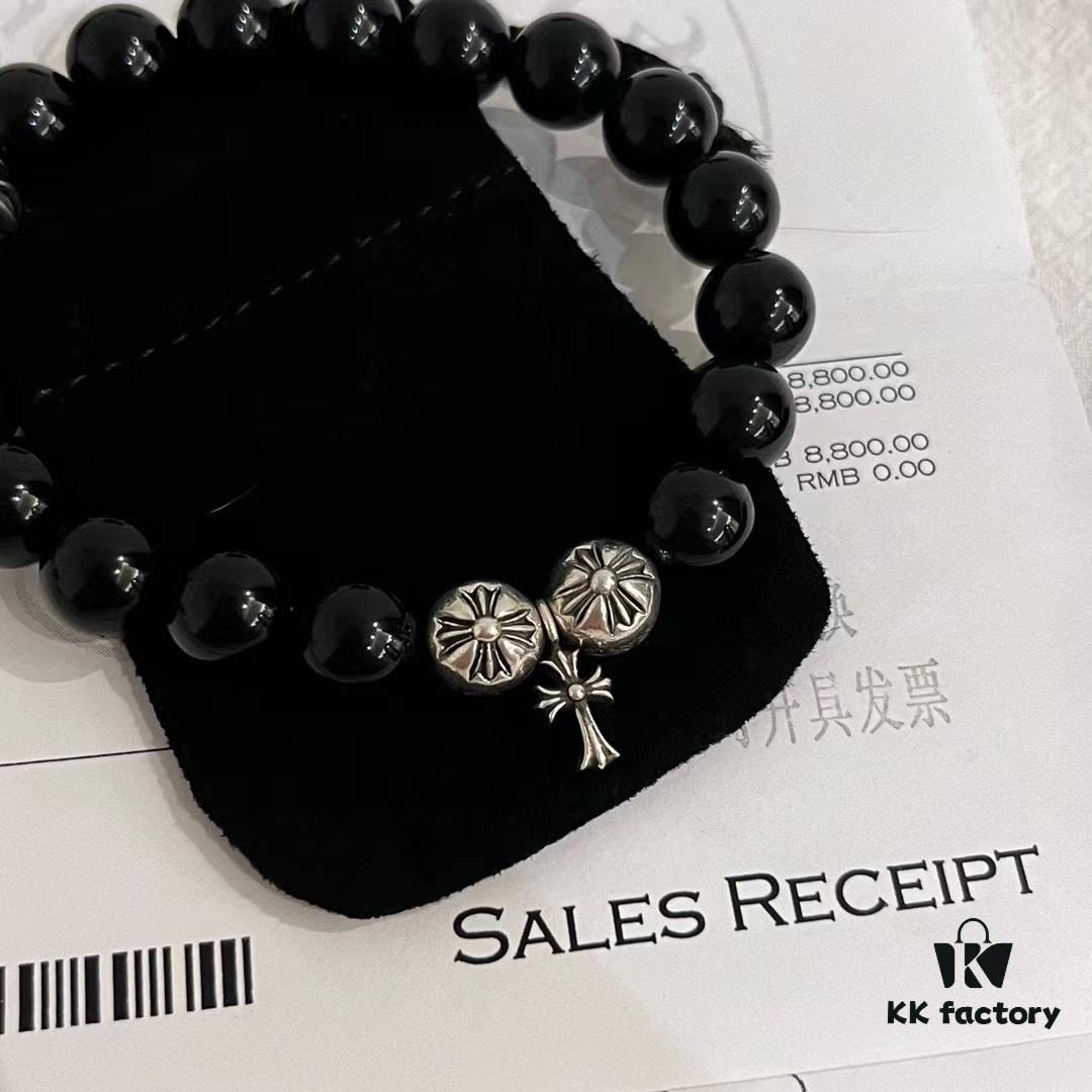 Chrome Hearts Obsidian and Sterling Silver Bead Bracelet with Four Cross Charms