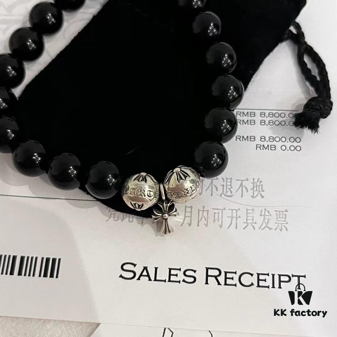 Chrome Hearts Obsidian and Sterling Silver Bead Bracelet with Four Cross Charms