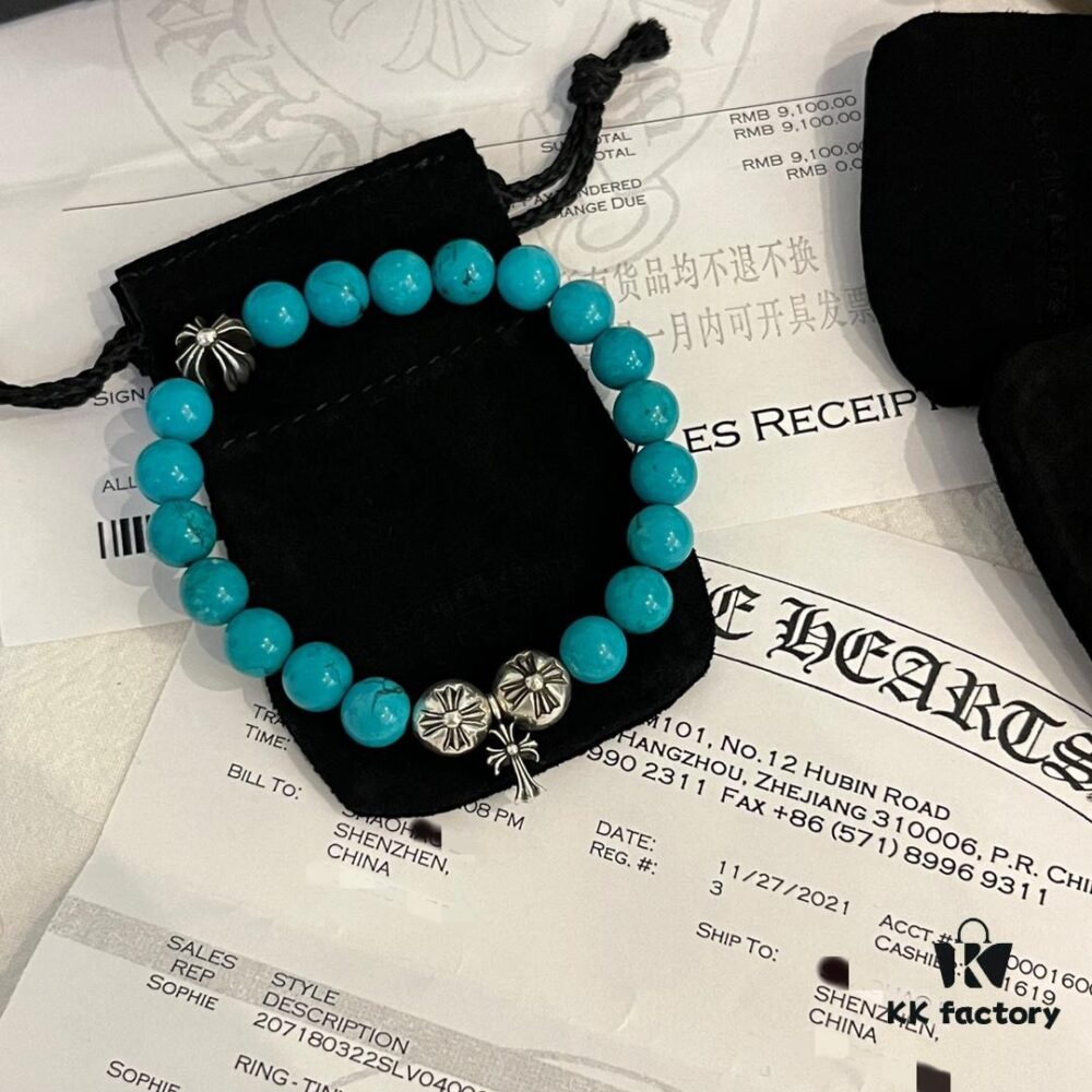 Chrome Hearts Turquoise and 925 Sterling Silver Bead Bracelet - Classic Unisex Design with Oxidized Finish