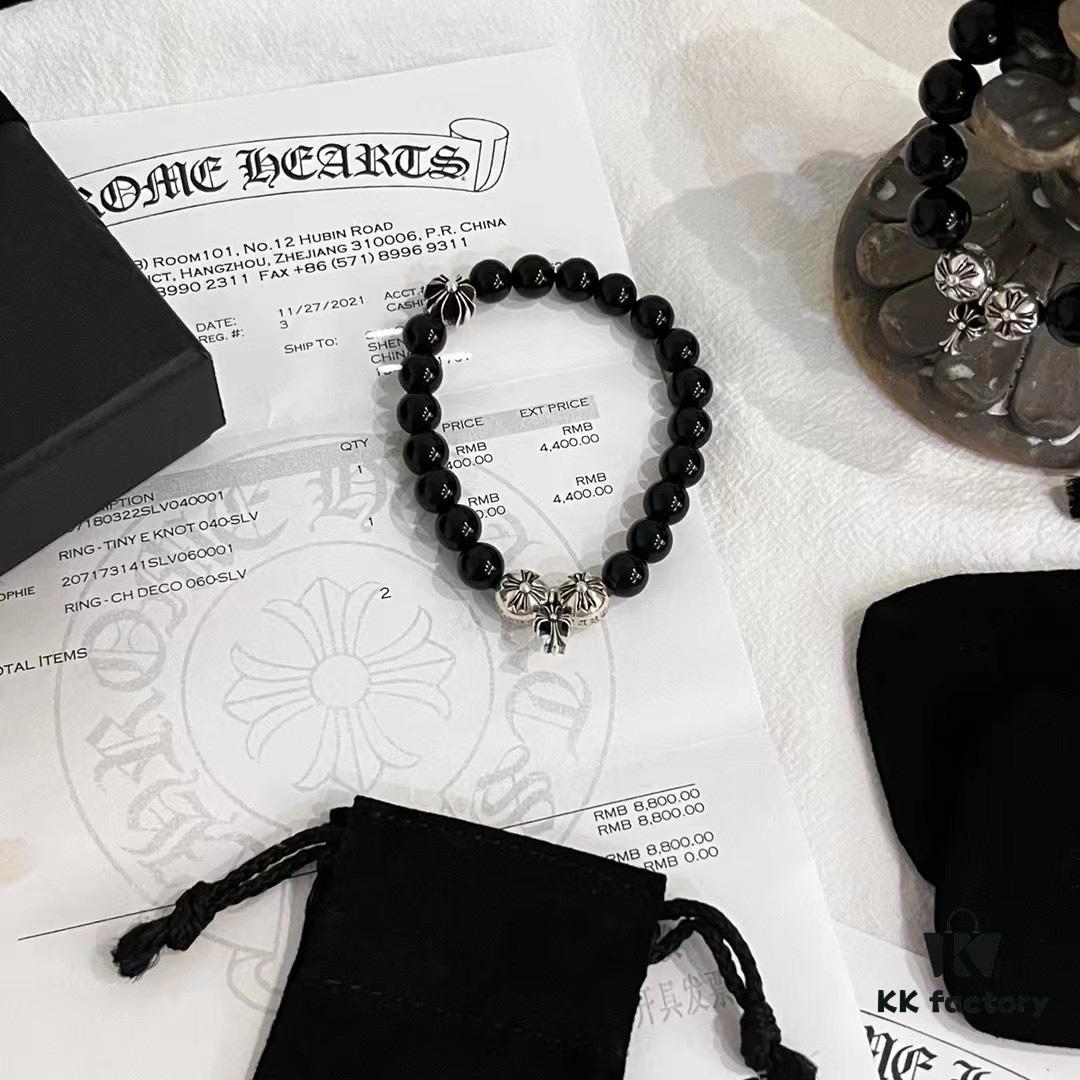 Chrome Hearts Obsidian and Sterling Silver Bead Bracelet with Four Cross Charms