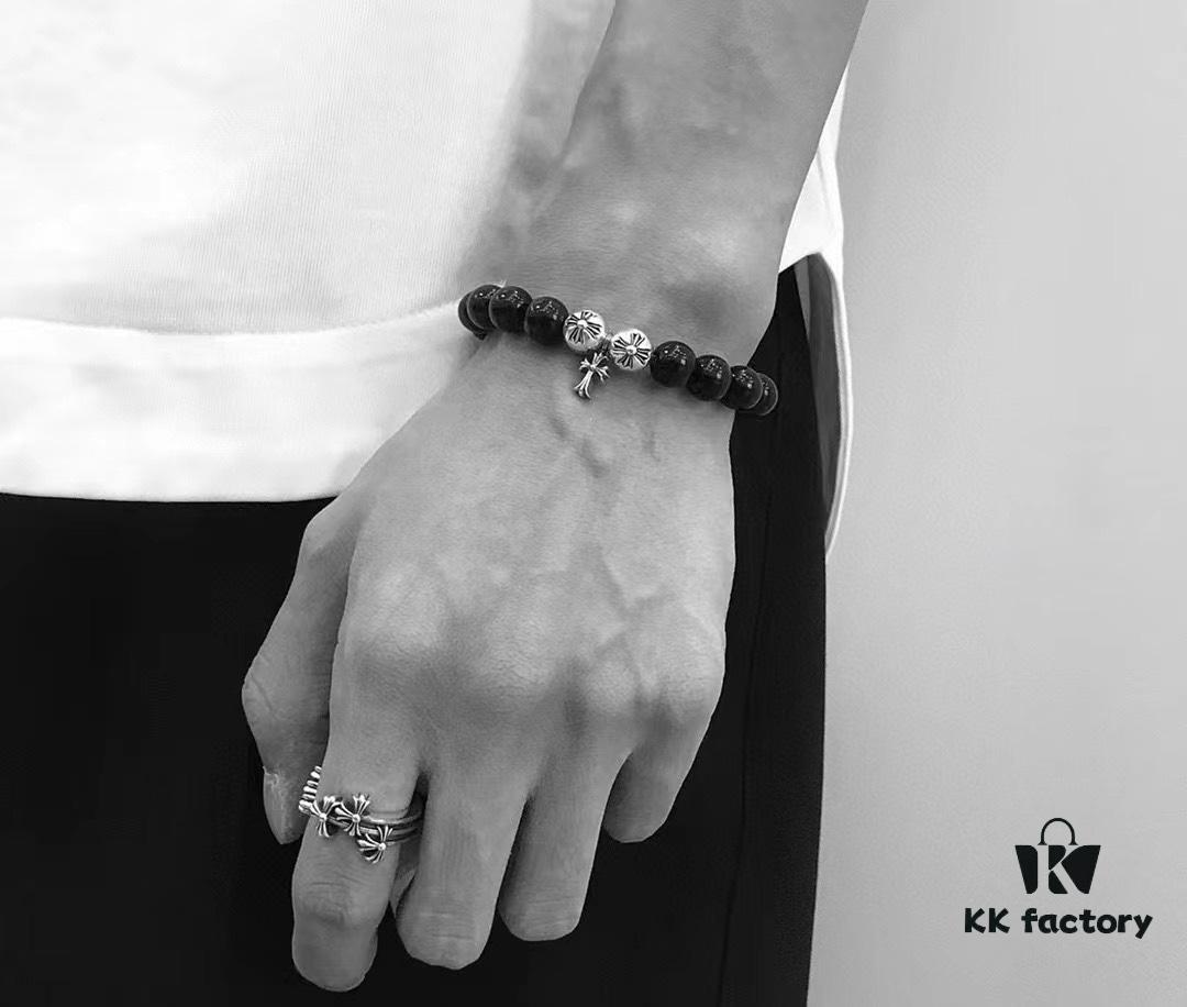 Chrome Hearts Obsidian and Sterling Silver Bead Bracelet with Four Cross Charms