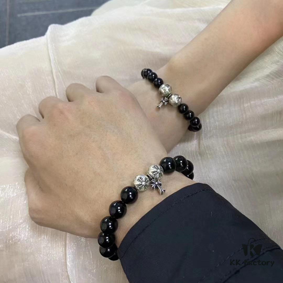 Chrome Hearts Obsidian and Sterling Silver Bead Bracelet with Four Cross Charms