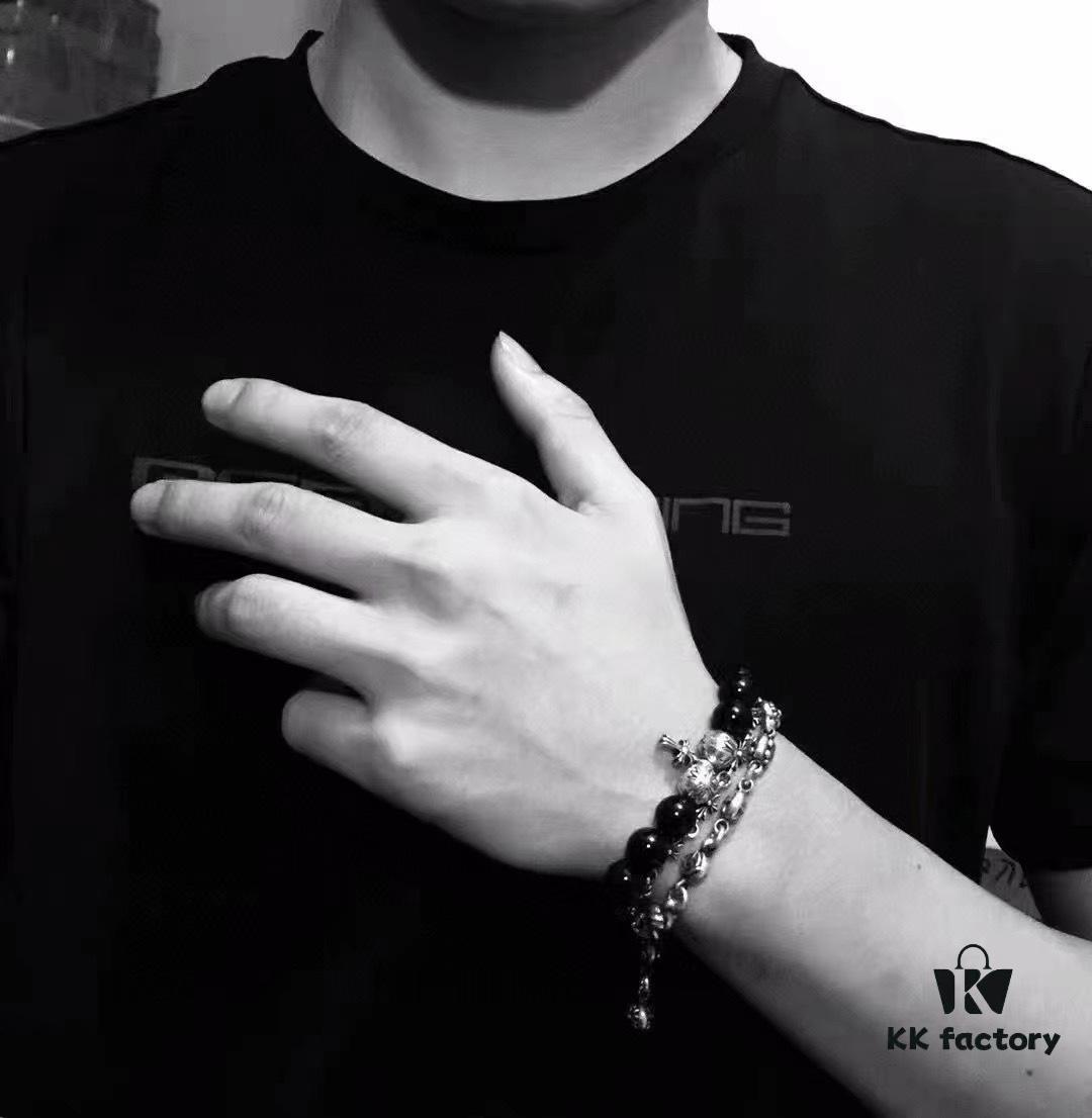 Chrome Hearts Obsidian and Sterling Silver Bead Bracelet with Four Cross Charms