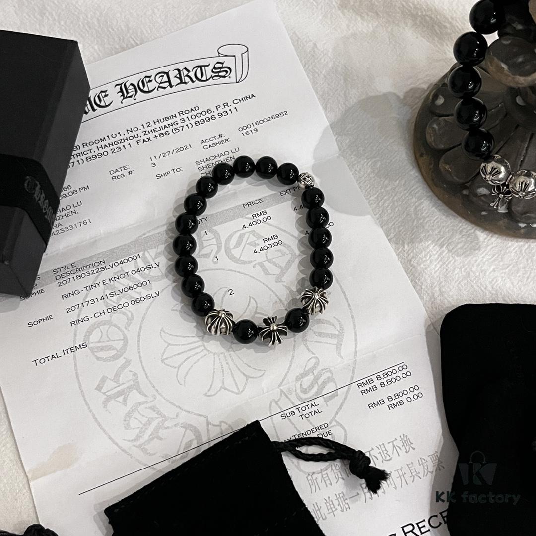 Chrome Hearts Obsidian and Sterling Silver Bead Bracelet - Classic Unisex Design with Oxidized Finish