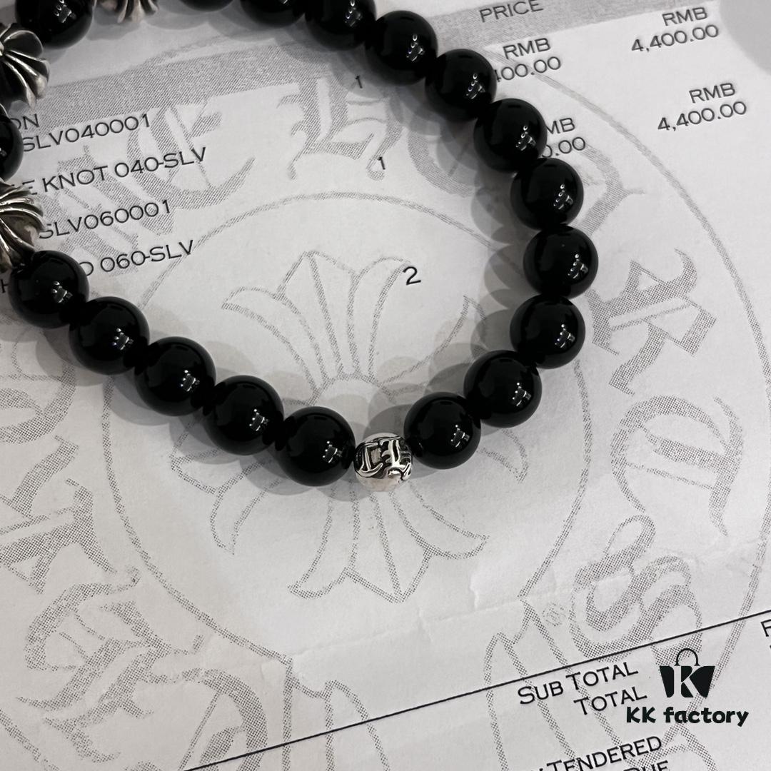Chrome Hearts Obsidian and Sterling Silver Bead Bracelet - Classic Unisex Design with Oxidized Finish