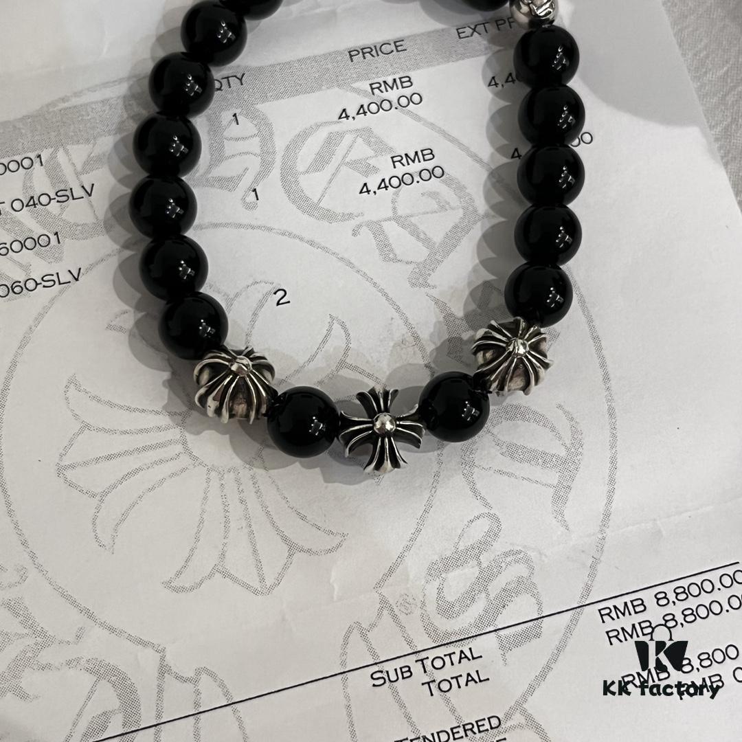 Chrome Hearts Obsidian and Sterling Silver Bead Bracelet - Classic Unisex Design with Oxidized Finish