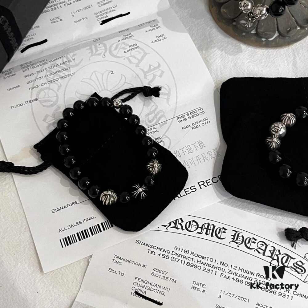 Chrome Hearts Obsidian and Sterling Silver Bead Bracelet - Classic Unisex Design with Oxidized Finish