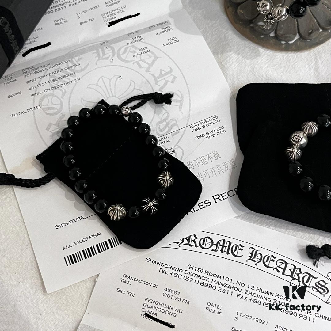 Chrome Hearts Obsidian and Sterling Silver Bead Bracelet - Classic Unisex Design with Oxidized Finish