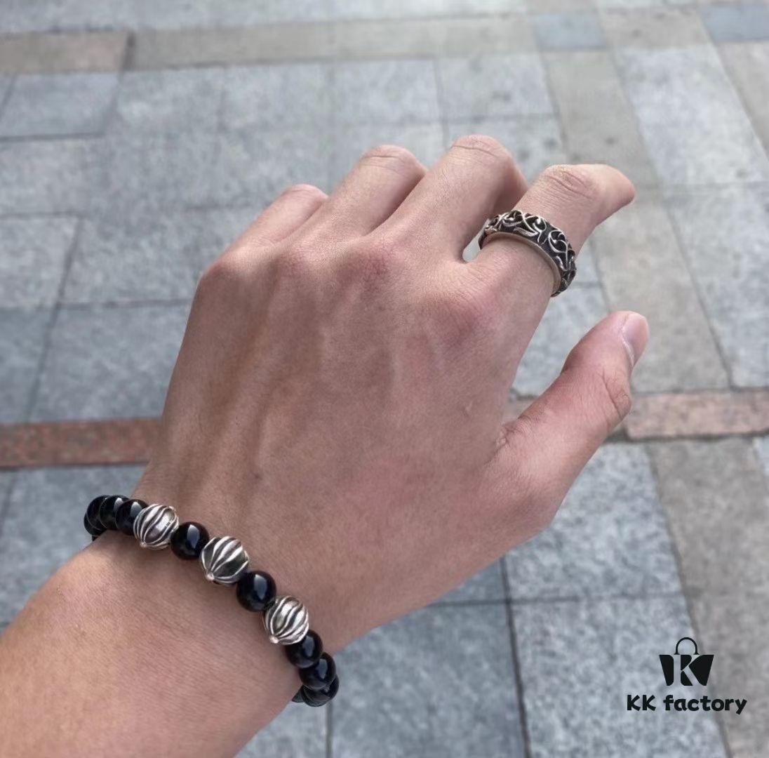 Chrome Hearts Obsidian and Sterling Silver Bead Bracelet - Classic Unisex Design with Oxidized Finish