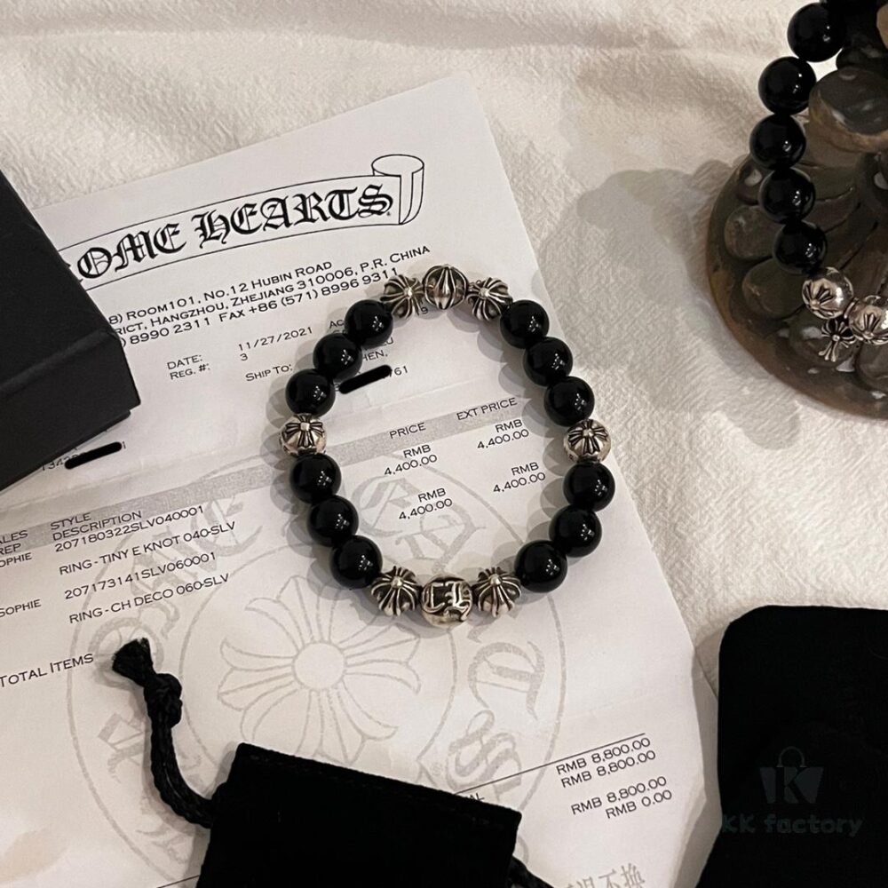 Valentine's Day Gift Chrome Hearts Black Obsidian and 925 Sterling Silver Bracelet with Oxidized Cross Beads
