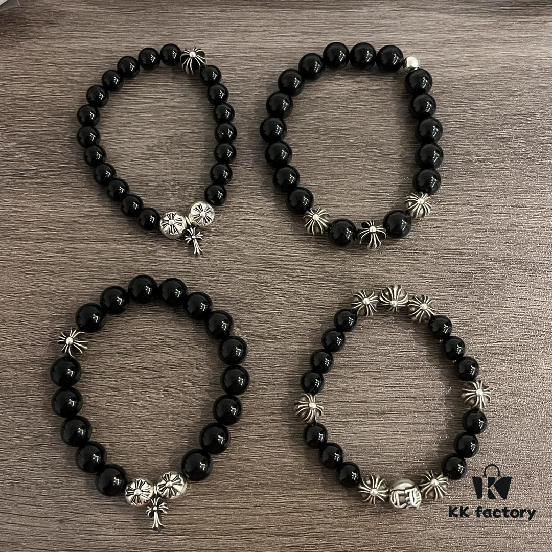 Chrome Hearts Obsidian and Sterling Silver Bead Bracelet - Classic Unisex Design with Oxidized Finish
