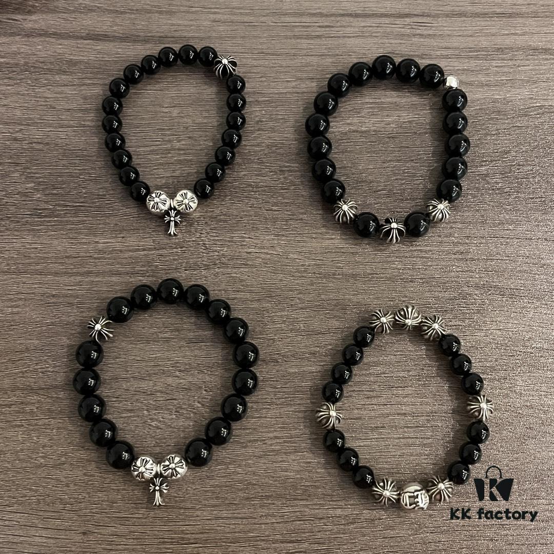 Valentine's Day Gift Chrome Hearts Black Obsidian and 925 Sterling Silver Bracelet with Oxidized Cross Beads