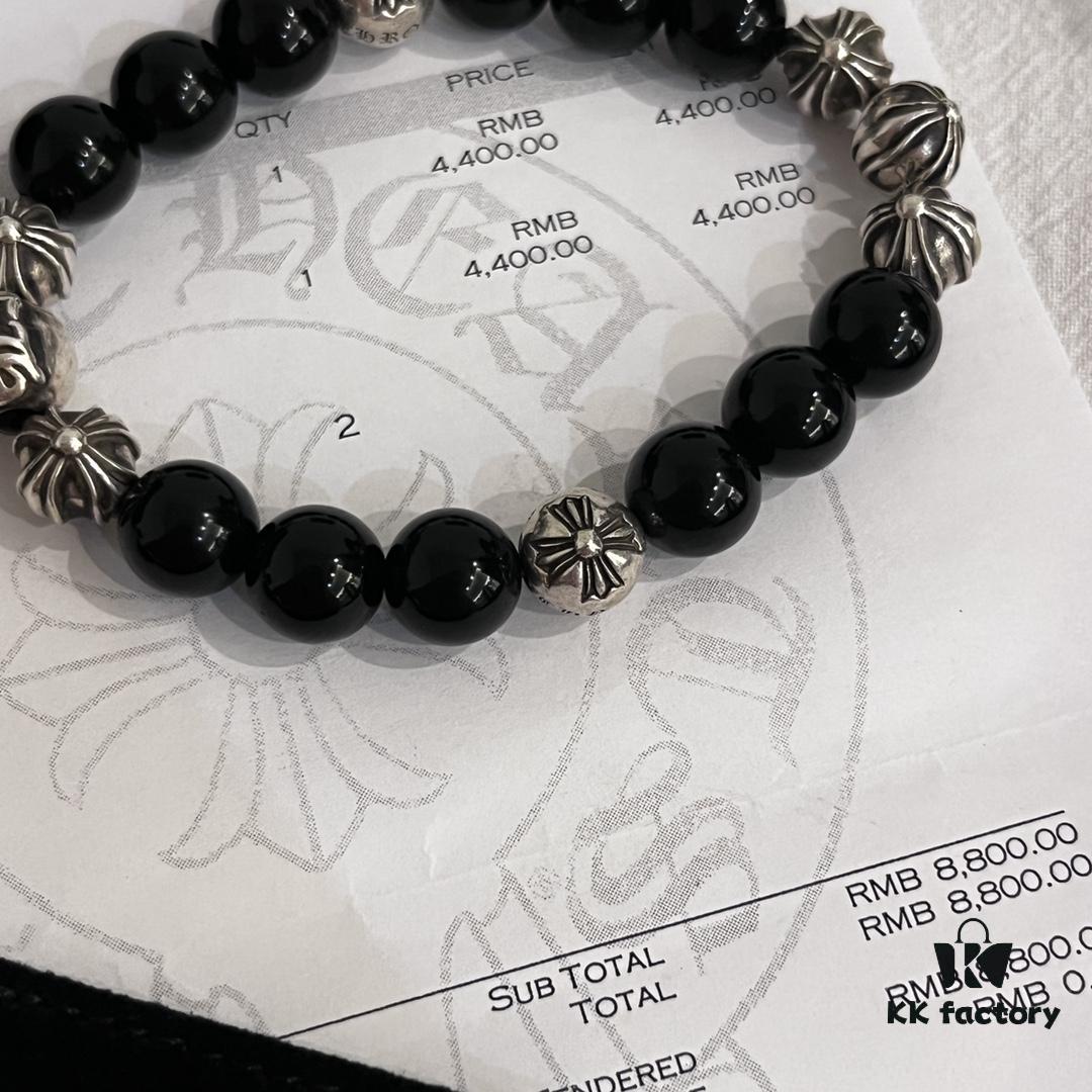 Valentine's Day Gift Chrome Hearts Black Obsidian and 925 Sterling Silver Bracelet with Oxidized Cross Beads