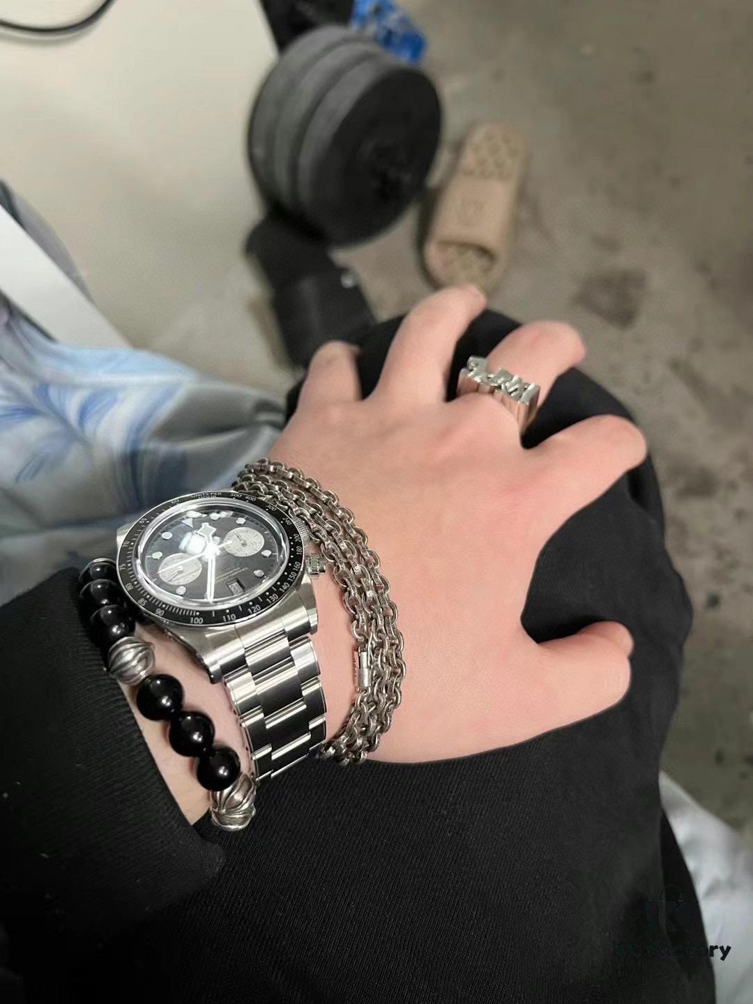 Valentine's Day Gift Chrome Hearts Black Obsidian and 925 Sterling Silver Bracelet with Oxidized Cross Beads