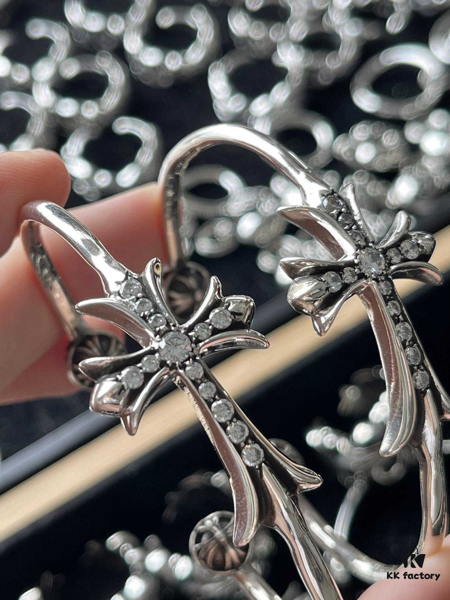 Chrome Hearts Cross Open Cuff Bracelet with Rhinestones, Large Size
