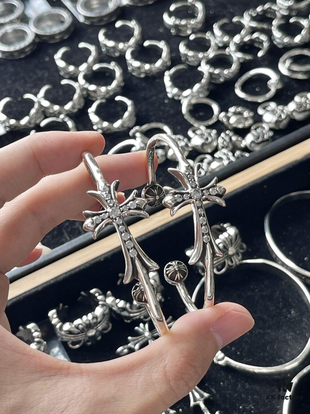 Chrome Hearts Cross Open Cuff Bracelet with Rhinestones, Large Size