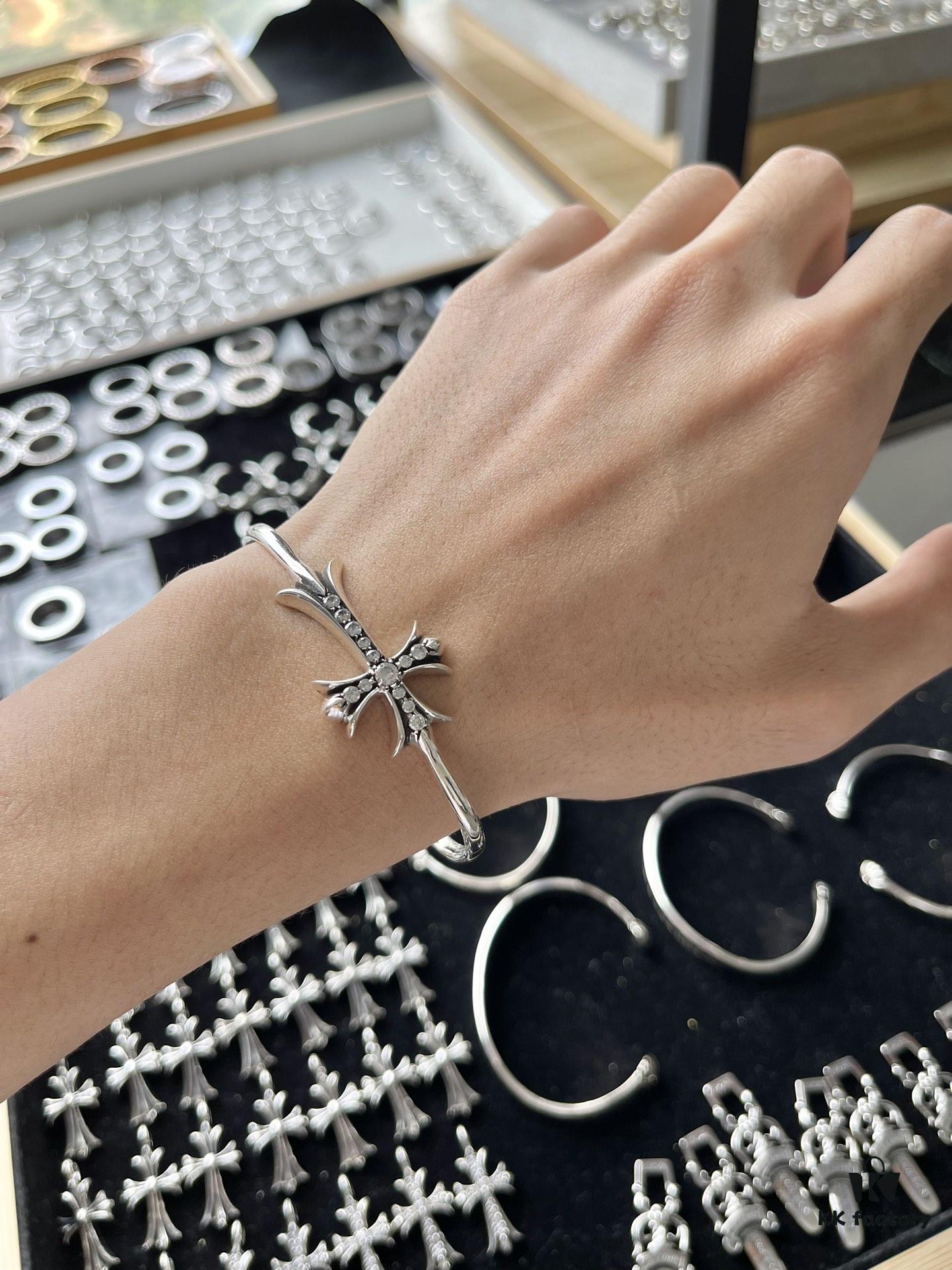 Chrome Hearts Cross Open Cuff Bracelet with Rhinestones, Large Size