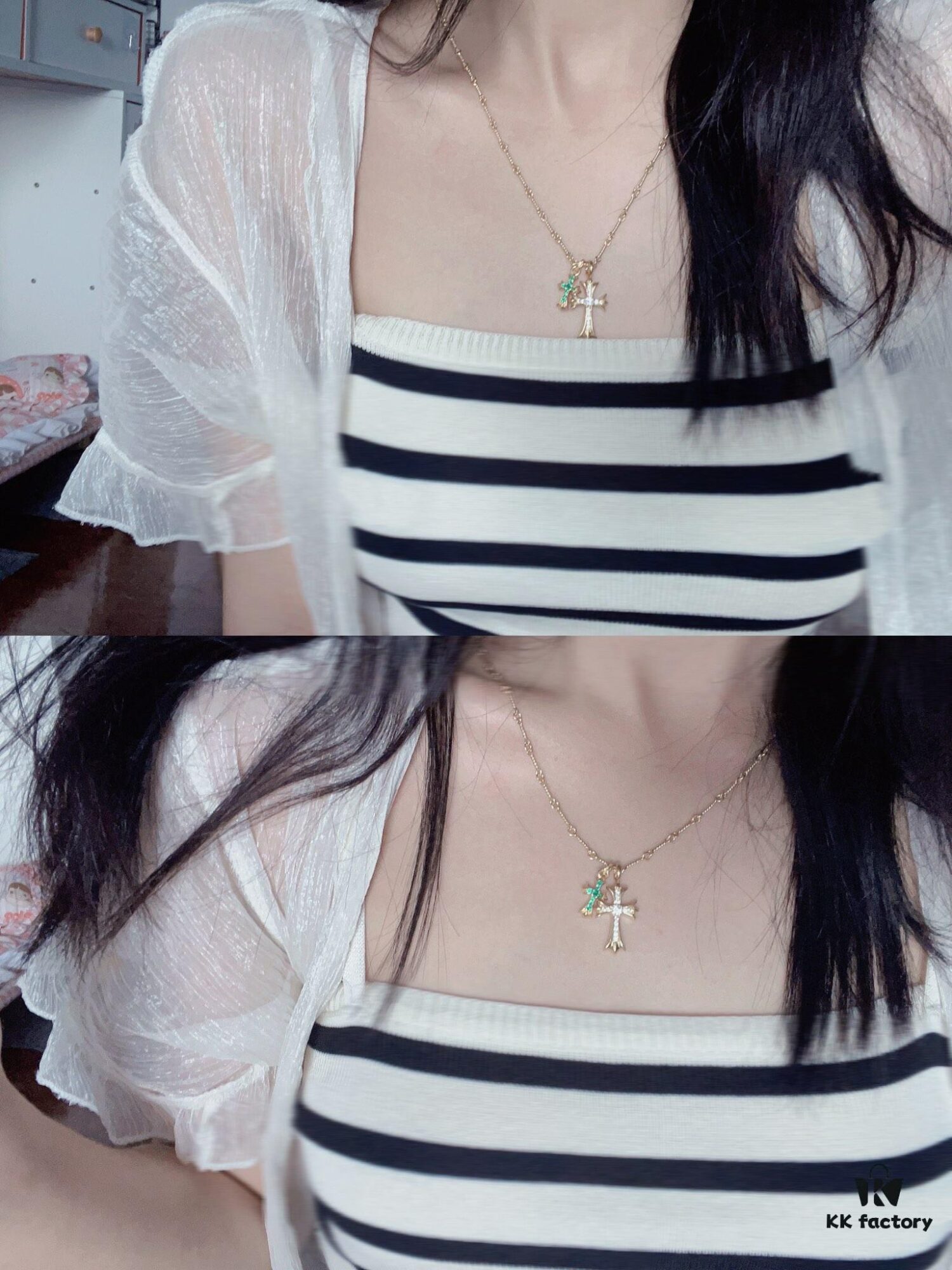 Chrome Hearts Double Cross Necklace with White and Green Diamonds