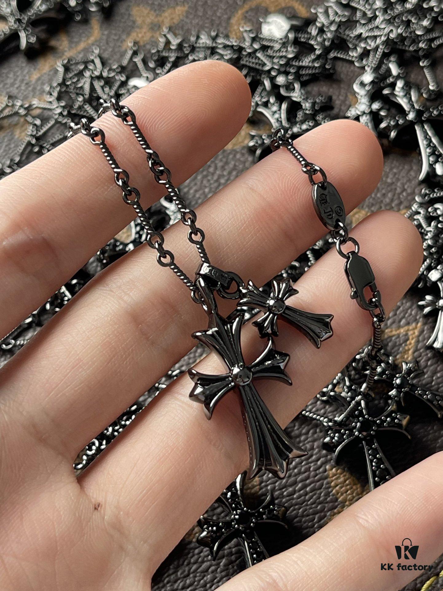 Chrome Hearts Electroplated Black and Silver Double Cross Necklace