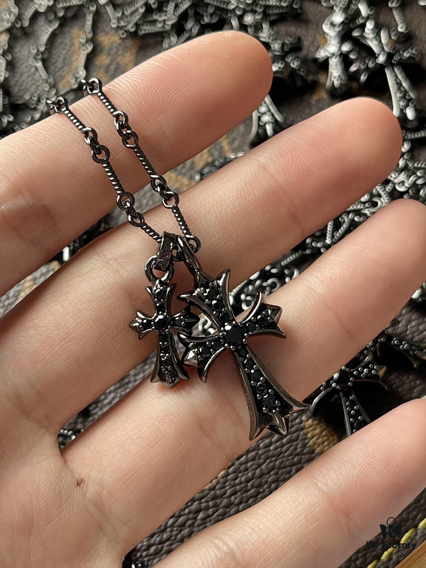 Chrome Hearts Electroplated Black and Silver Double Cross Necklace