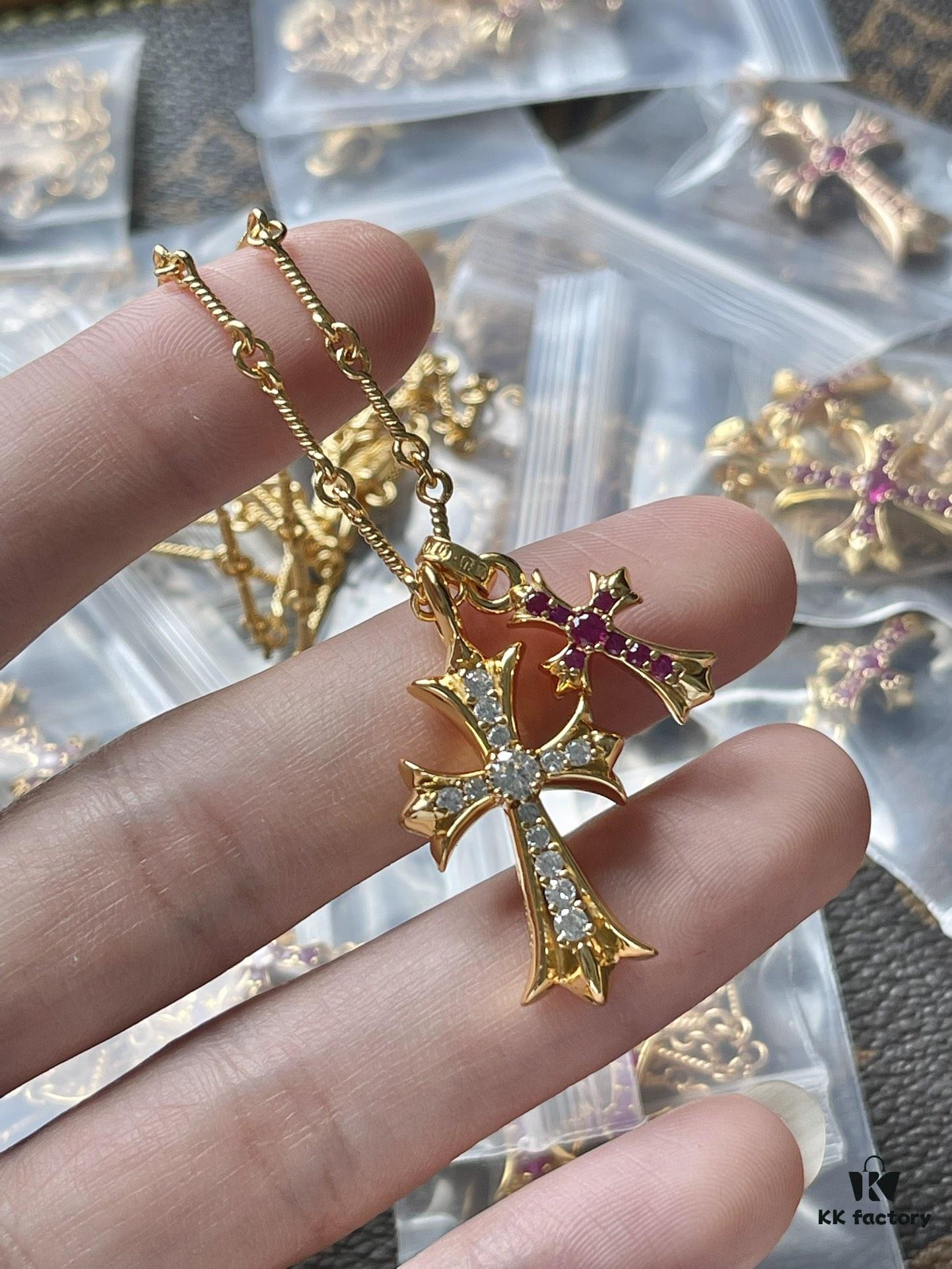 Chrome Hearts Double Cross Necklace with White and Pink Diamonds