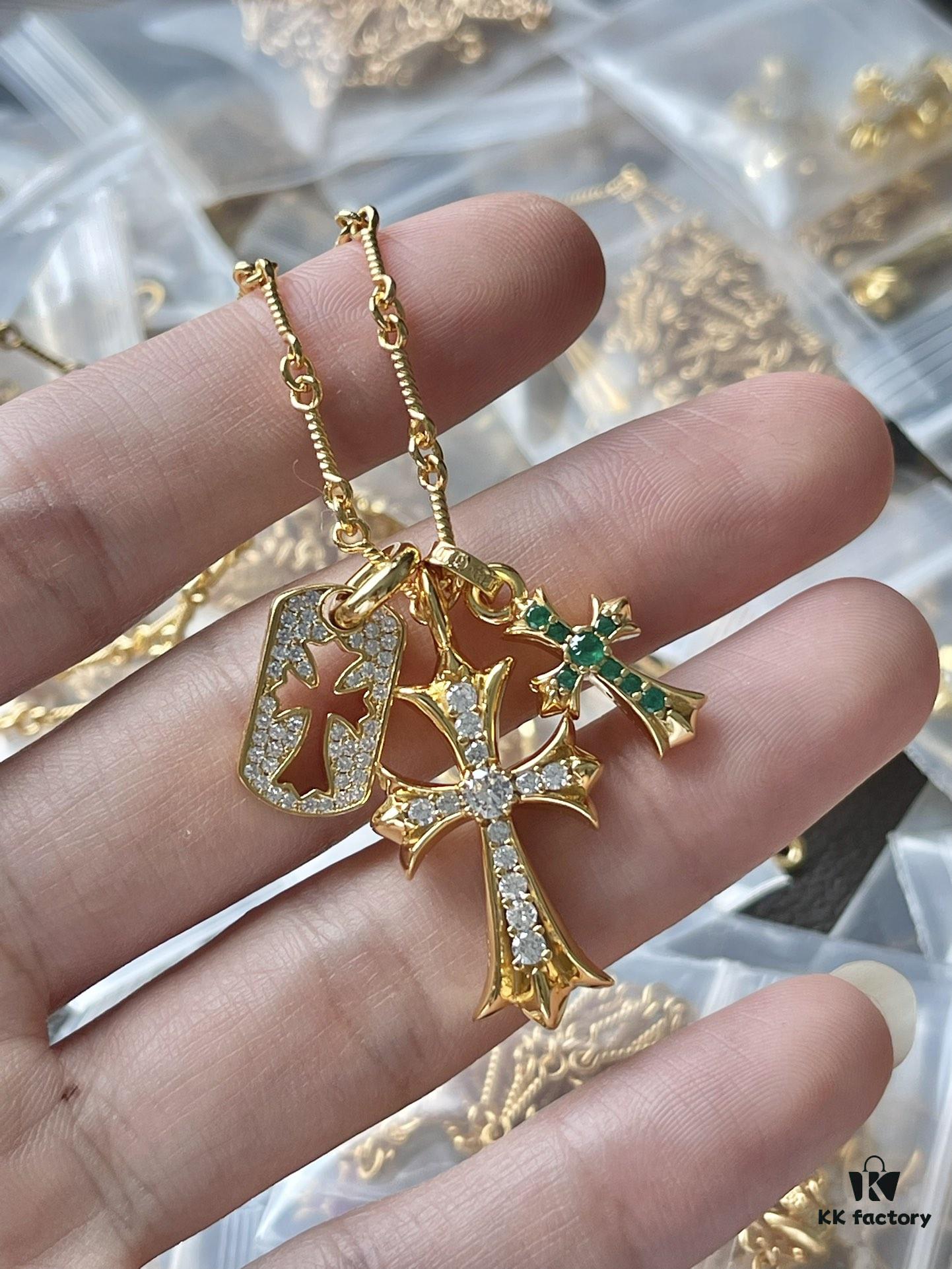 Chrome Hearts Double Cross Necklace with White Diamonds, Green Diamonds, and Dog Tag