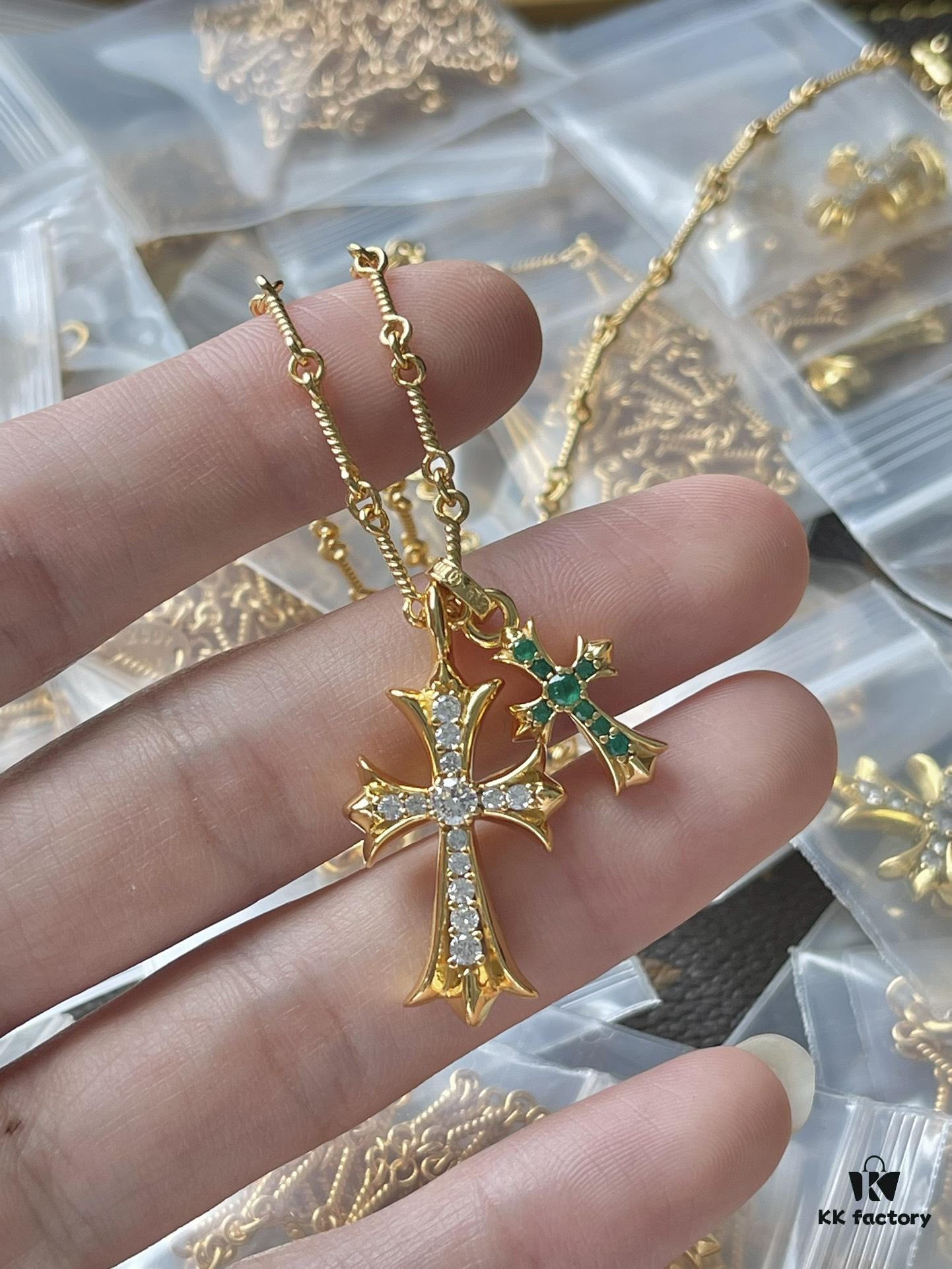 Chrome Hearts Double Cross Necklace with White and Green Diamonds