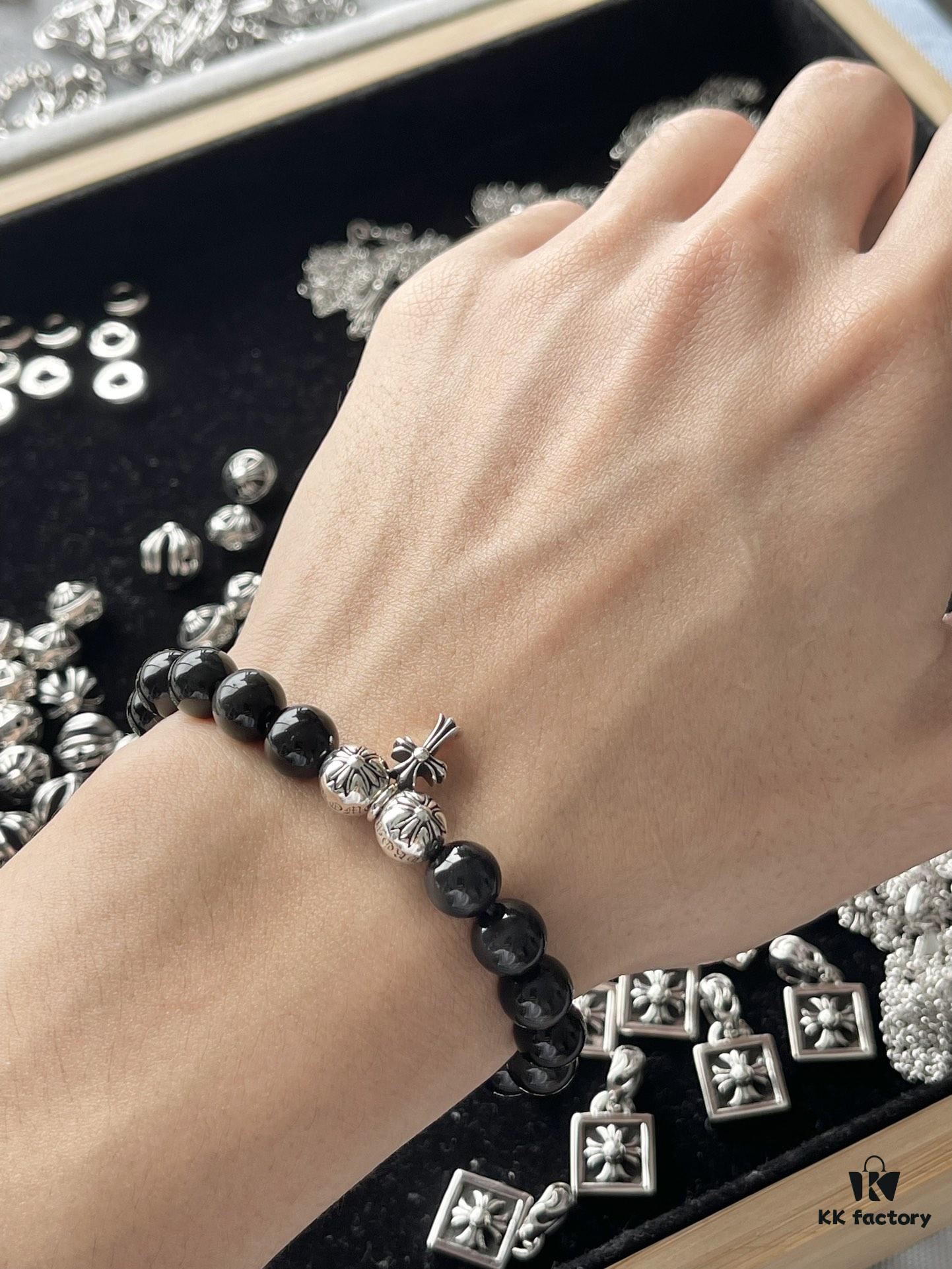 Chrome Hearts 8mm Obsidian Cross Bracelet