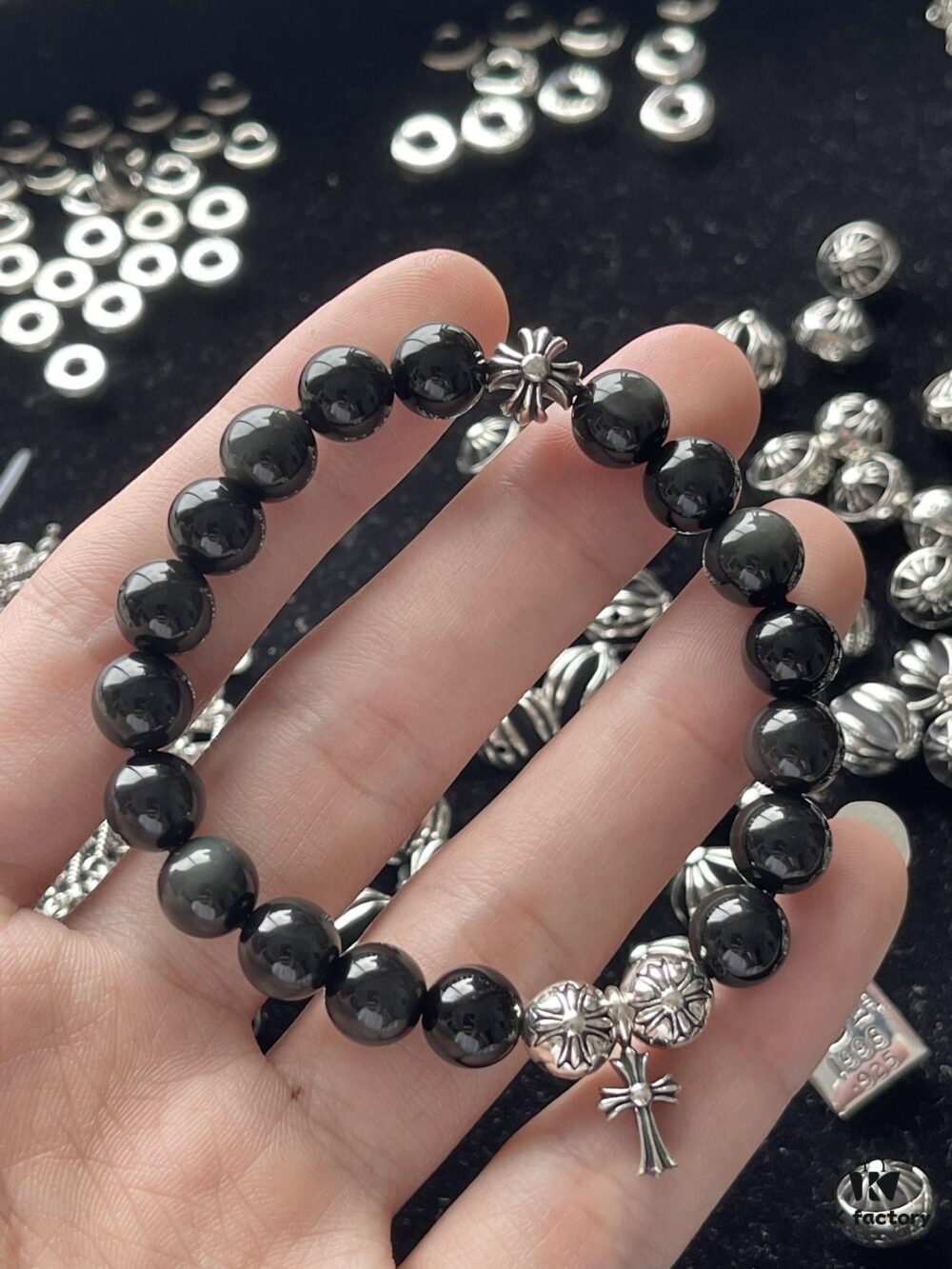 Chrome Hearts 8mm Obsidian Cross Bracelet