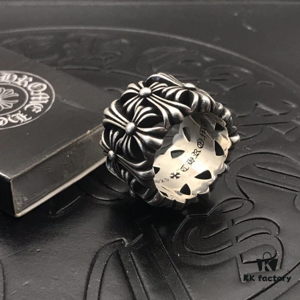 High-Version Chrome Hearts Round Cemetery Ring, Redefining Chrome Hearts Quality Compared to Thin and Flat Counterfeits on the Market. Features Handwritten Engraving Inside the Band, with Asymmetrical Crosses of Varying Heights, Elegant Curved Lines and Distinct Layers. Sizes 5-11