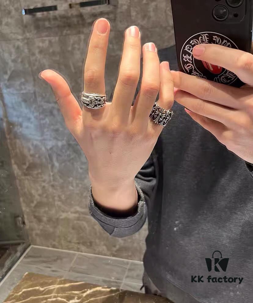 High-Version Chrome Hearts Round Grave Ring, Redefining Chrome Hearts Quality Compared to Thin and Flat Counterfeit Versions on the Market. Features Handwritten Engraving on Inner Band, Asymmetrical Cross Design with Elegant Curves and Distinct Layers. Sizes 5-11