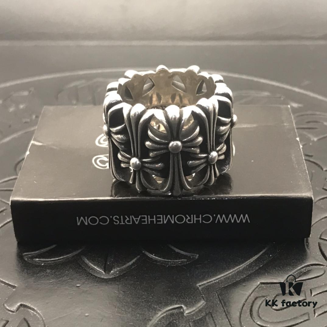 High-Version Chrome Hearts Round Grave Ring, Redefining Chrome Hearts Quality Compared to Thin and Flat Counterfeit Versions on the Market. Features Handwritten Engraving on Inner Band, Asymmetrical Cross Design with Elegant Curves and Distinct Layers. Sizes 5-11