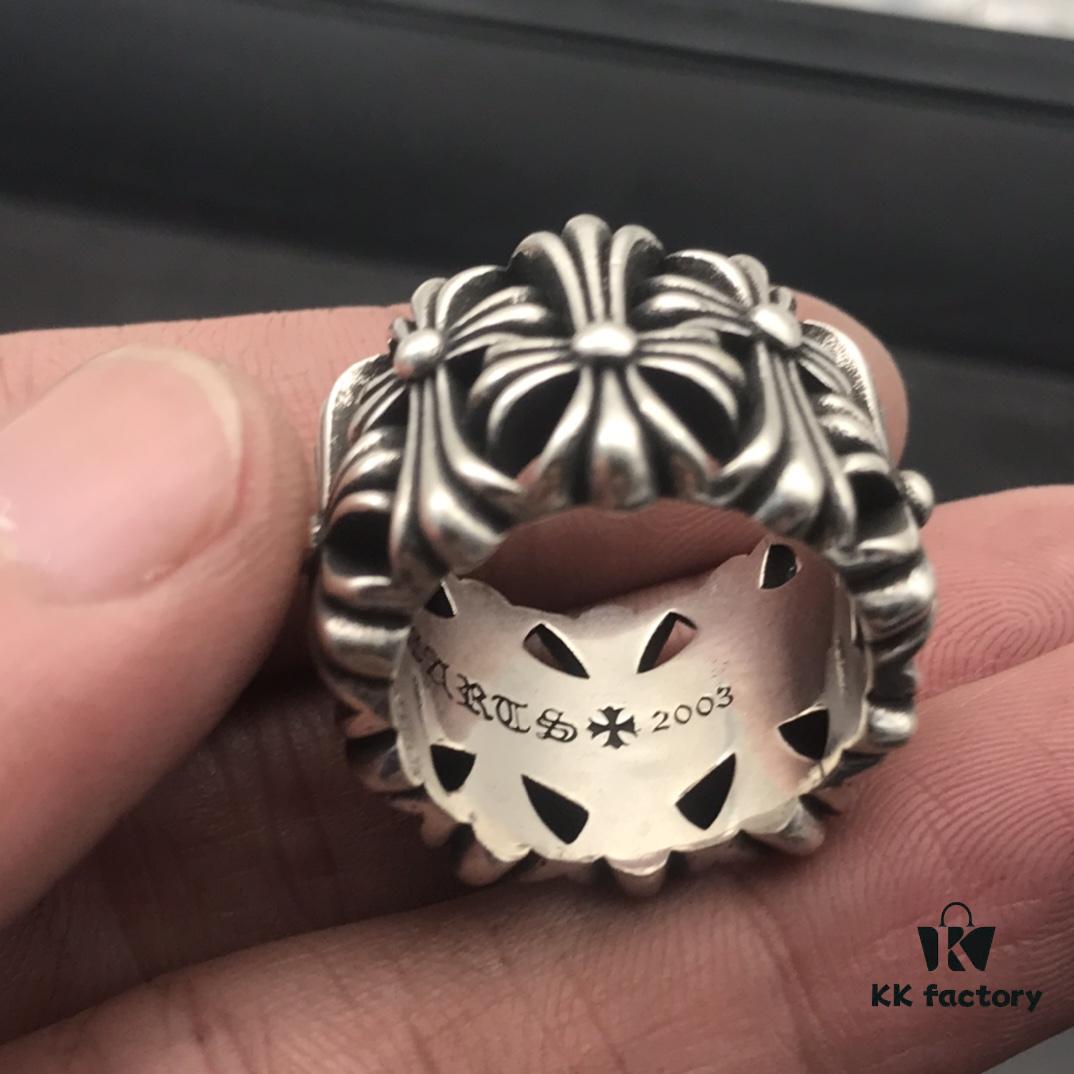 High-Version Chrome Hearts Round Grave Ring, Redefining Chrome Hearts Quality Compared to Thin and Flat Counterfeit Versions on the Market. Features Handwritten Engraving on Inner Band, Asymmetrical Cross Design with Elegant Curves and Distinct Layers. Sizes 5-11