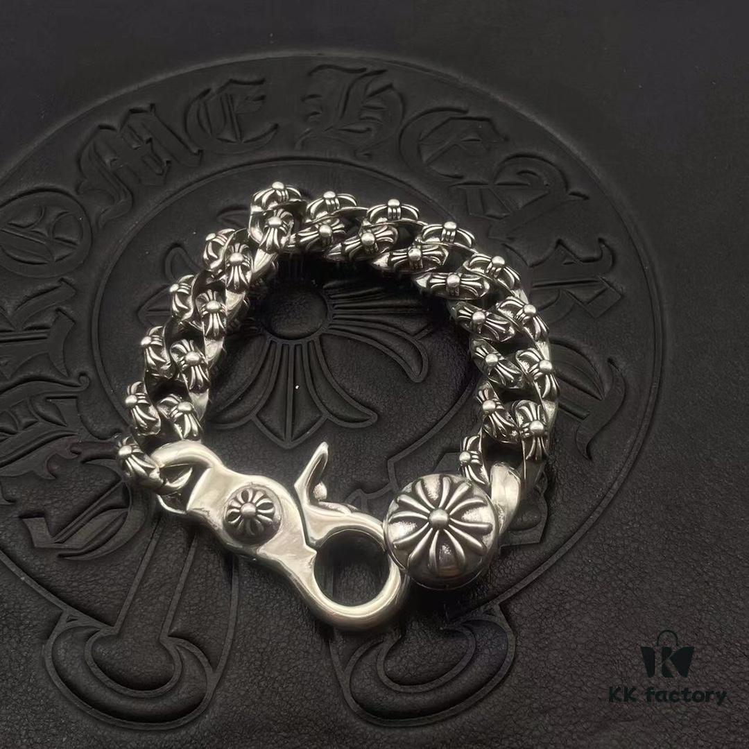 Chrome Hearts Lobster Clasp Large Bracelet, Accurate Pattern and Details, Difficult to Produce, Inner Cross Design Features a Ring of Engraved Text