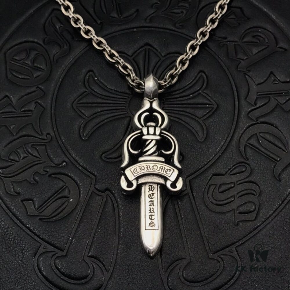 High-Version Chrome Hearts Large Sword Pendant Necklace, Original Handwritten Engraving, Paired with Letter Chain, 50-70cm Adjustable Length
