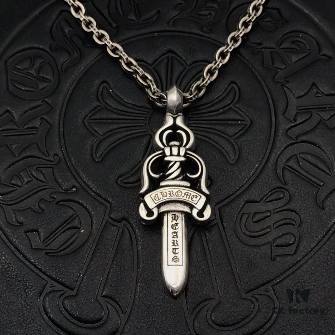 High-Version Chrome Hearts Large Sword Pendant Necklace, Original Handwritten Engraving, Paired with Letter Chain, 50-70cm Adjustable Length