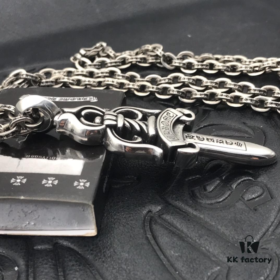 High-Version Chrome Hearts Large Sword Pendant Necklace, Original Handwritten Engraving, Paired with Letter Chain, 50-70cm Adjustable Length